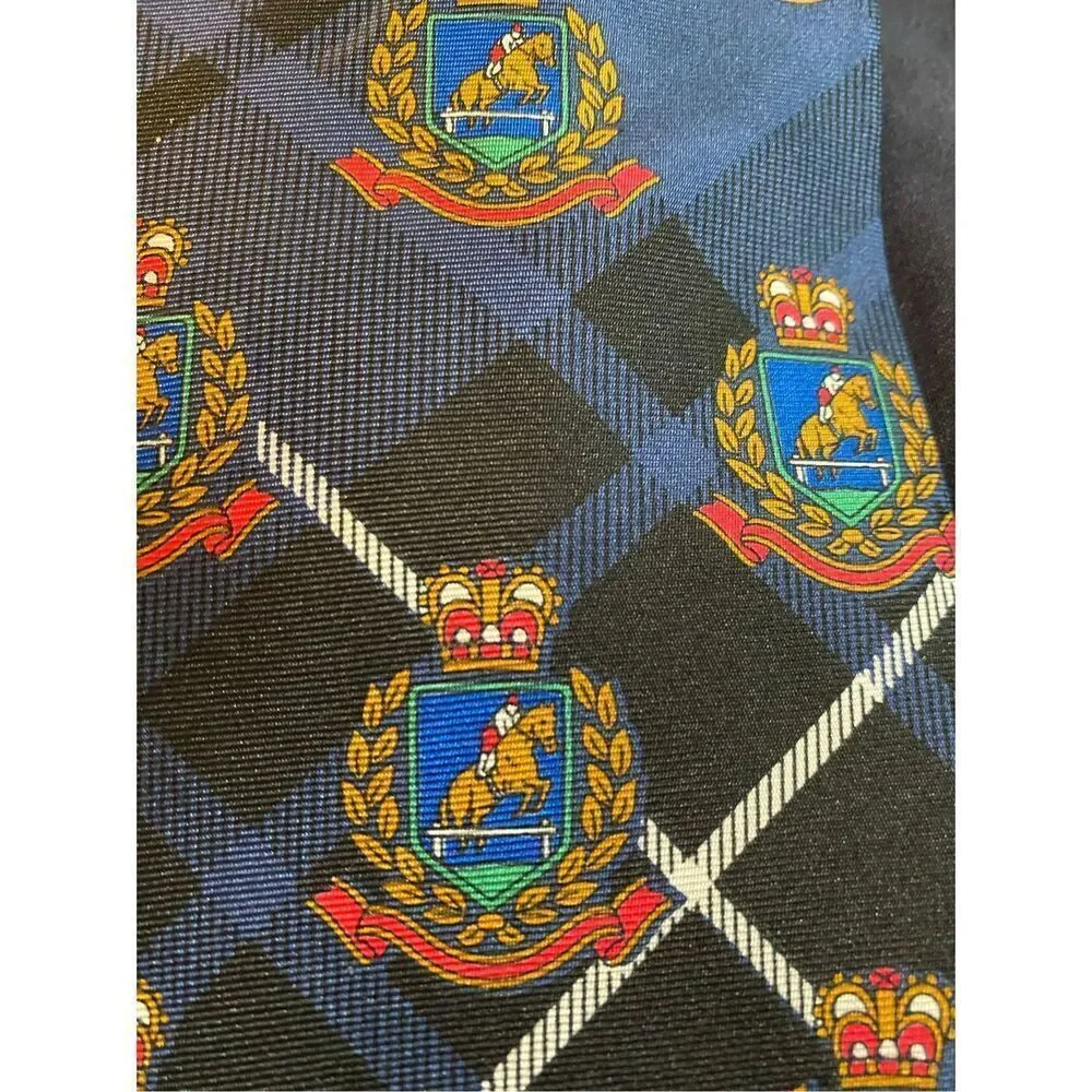 Duck head men’s vintage themed horses 100% silk black plaid tie 57